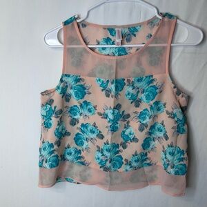 Xhilaration Women’s Floral Tank Top Coral Pink Blue Short Sleeve Cropped Size S